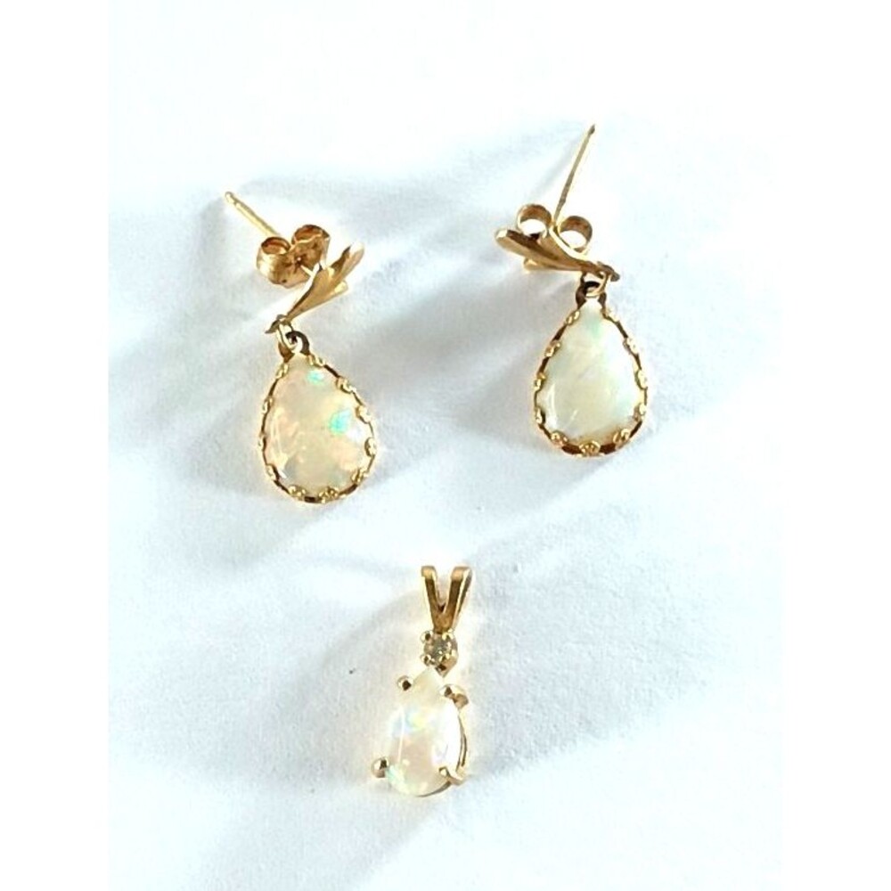 Vintage 14K Gold Opal Earrings & Pendant Set Natural White Fire Opal Mexico